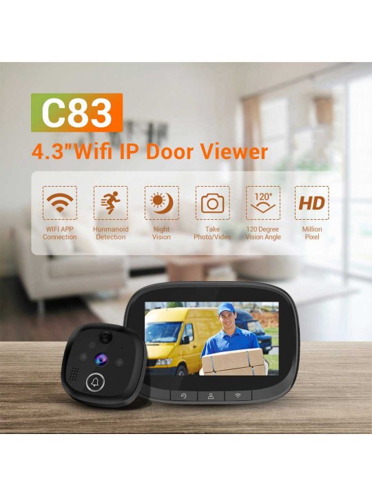  C83 Wireless Doorbell 4.3inch WIFI IP Door Viewer HD Night Vision 120° can Take Photo and Video PIR Motion Detection Two W