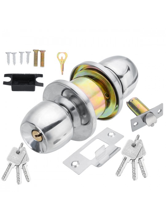Stainless Steel Round Door Knobs Privacy Passage Entrance Lock Entry with 3 Keys - Center distance 60mm