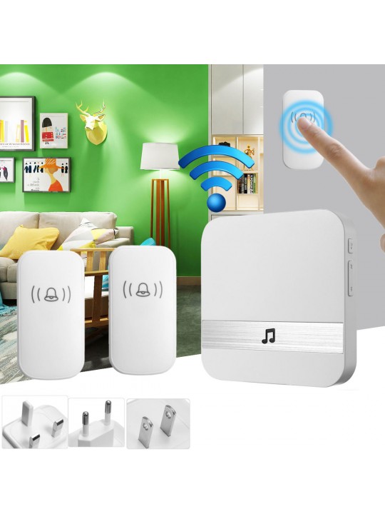 300M Waterproof LED Wireless Doorbell 52 Songs Chime Door Bell SOS EU/US/UK Plug - Black UK Plug