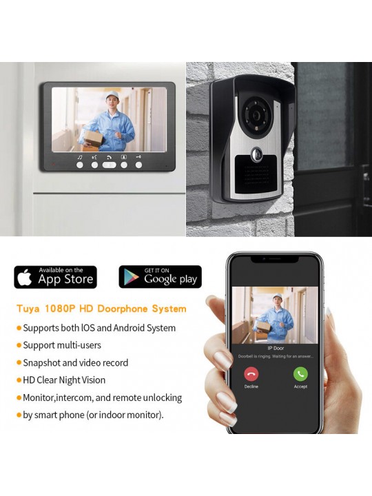 7 inch 1080P Tuya WiFi Video Intercom Doorbell System APP Remote Unlock Night Vision IP55 Waterproof Wireless Visual Doorbell wi