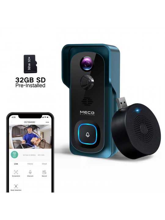 MECO ELE Video Doorbell Wireless 1080P Wireless Doorbell Camera with Free Chime WiFi Smart Doorbell Night Vision IP65 Waterproof