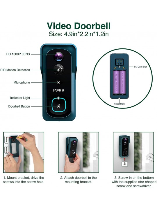 MECO ELE Video Doorbell Wireless 1080P Wireless Doorbell Camera with Free Chime WiFi Smart Doorbell Night Vision IP65 Waterproof