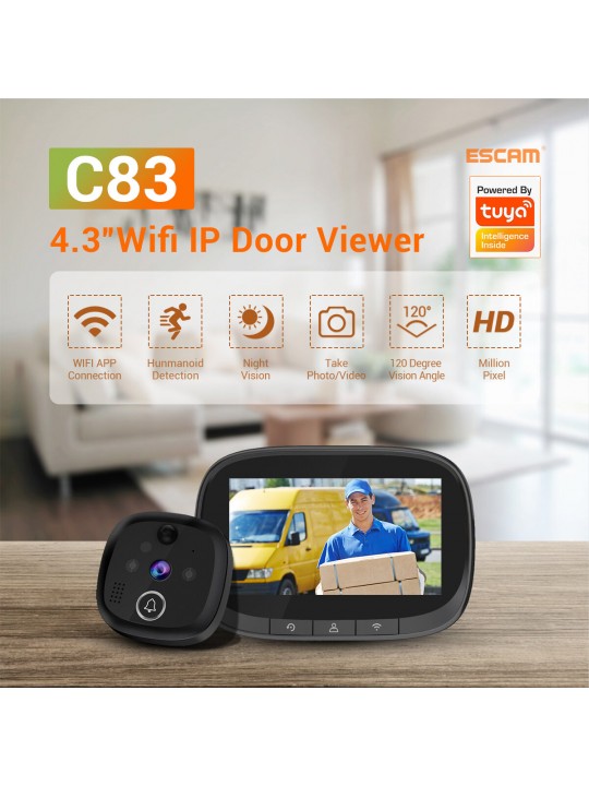 ESCAM C83 Wireless Doorbell 4.3inch WIFI IP Door Viewer HD Night Vision 120° can Take Photo and Video PIR Motion Detection Two W