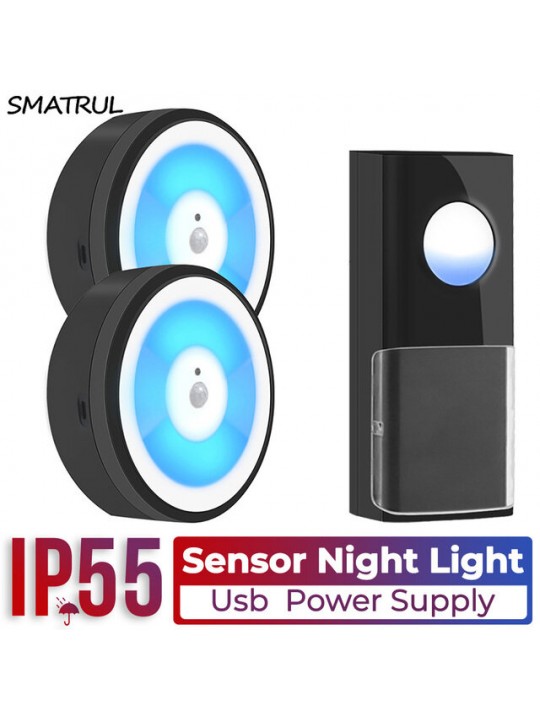 SMATRUL 433MHZ Wireless Smart PIR Motion Sensor LED Night Light Doorbell Ring Chime Home USB Powered Waterproof - 1