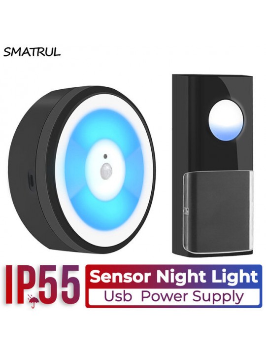 SMATRUL 433MHZ Wireless Smart PIR Motion Sensor LED Night Light Doorbell Ring Chime Home USB Powered Waterproof - 1