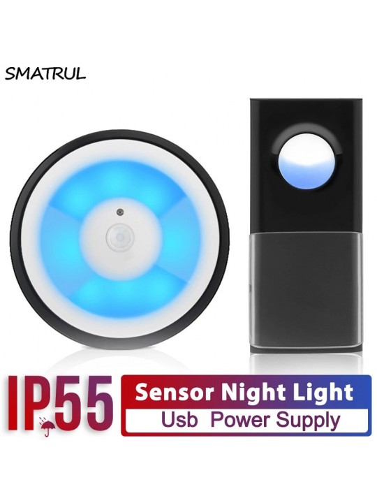 SMATRUL 433MHZ Wireless Smart PIR Motion Sensor LED Night Light Doorbell Ring Chime Home USB Powered Waterproof - 1